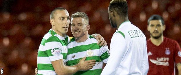 Celtic's Scott Brown, Jonny Hayes and Moussa Dembele celebrate