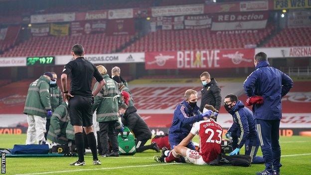 David Luiz was able to continue after receiving treatment following a clash of heads with Raul Jimenez during the Premier League match between Arsenal and Wolves