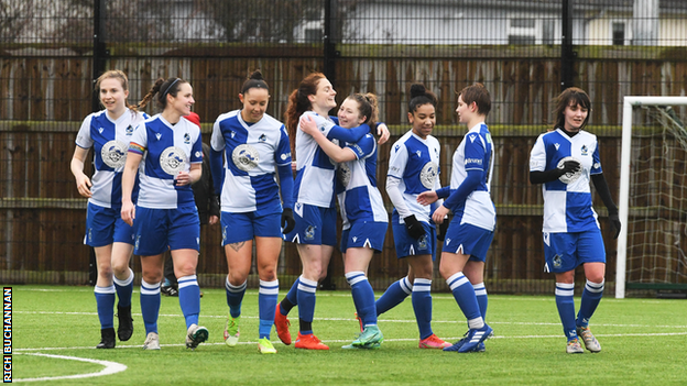 Bristol Rovers women celebrate a goal in their 4-0 win over Weston Mendip