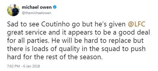 Michael Owen reacts to Liverpool selling Coutinho