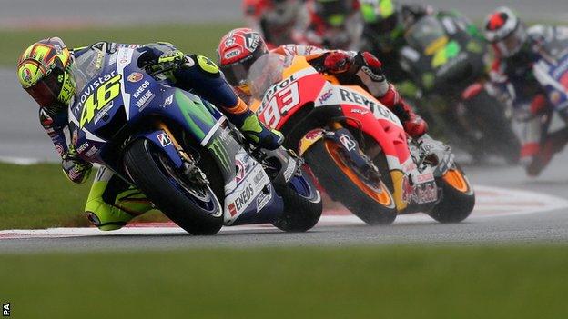 Valentino Rossi leading the British MotoGP at Silverstone