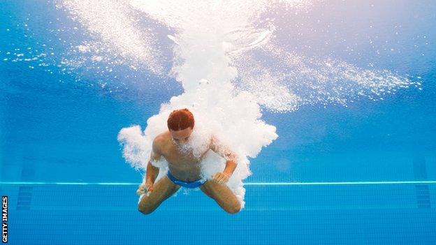 Tom Daley at the 2013 Worlds, a shot showing him underwater after impact