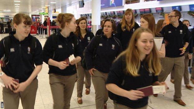 Scotland's women start their journey to Thailand from Glasgow Airport as they try to qualify for the Women's World T20 in 2016