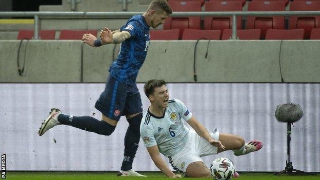 Scotland's Kieran Tierney is fouled