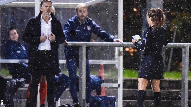 Glasgow City head coach Scott Booth is sent to the stands by referee Marta Huerta De Aza