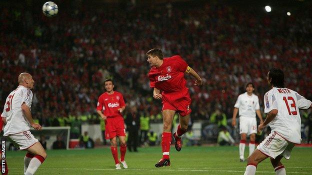 Steven Gerrard heads home Liverpool's first goal