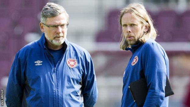 Hearts manager Craig Levein with assistant Austin MacPhee (right)