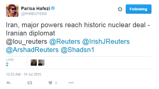 Parisa Hafezi tweet saying: "Iran, major powers reach historic nuclear deal - Iranian diplomat"