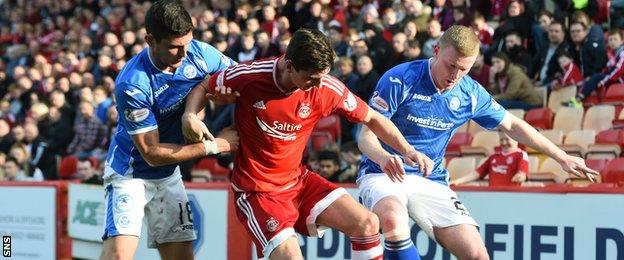 Graham Cummins (right) tackle Aberdeen's Kenny McLean