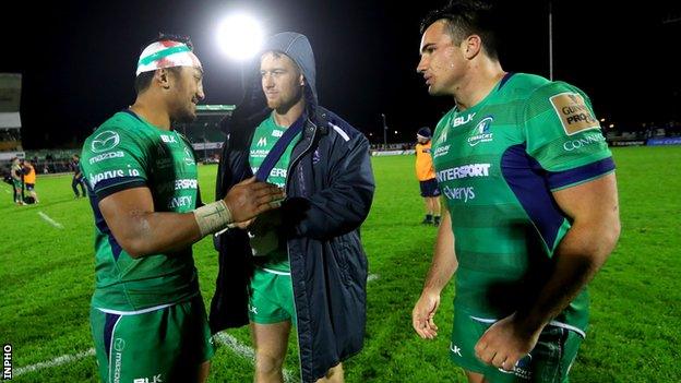 Bundee Aki, Matt Healy and Cian Kelleher celebrate Connacht's first win of the season after the final whistle