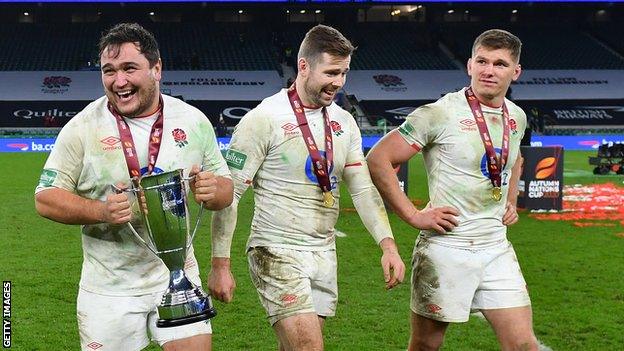 Jamie George (left), Elliot Daly (centre) and Owen Farrell