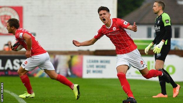 Johnny Kenny celebrates scoring against FH Hafnarfjordur at The Showgrounds in Sligo