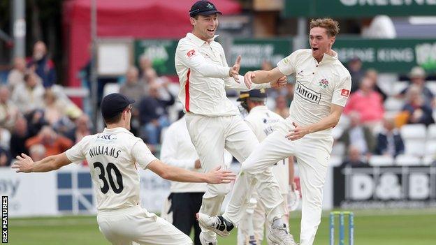 Lancashire celebrate George Balderson's hat-trick