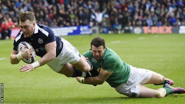 Scotland Stuart Hogg scores against Ireland