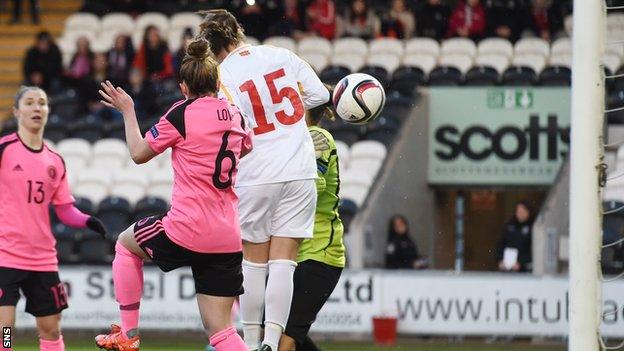 Jo Love heads Scotland into a 2-0 lead over Macedonia