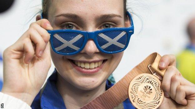 Seonaid McIntosh celebrates winning a shotting bronze medal