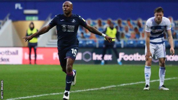 Swansea forward Andre Ayew celebrates his eighth goal of the season