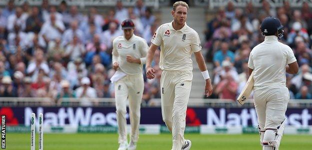 Stuart Broad has been fined 15% of his match fee for this send-off to India's Risabh Pant on Sunday