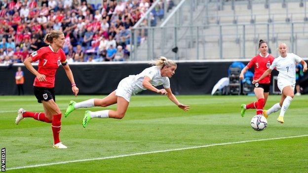 England's Alessia Russo attempts a shot on goal during the Women's World Cup qualifying tie with Austria