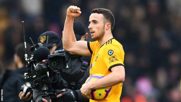 Diego Jota with the match ball after Wolves' win over Leicester