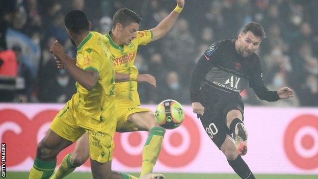 Lionel Messi scores his first Ligue 1 goal for Paris St-Germain.