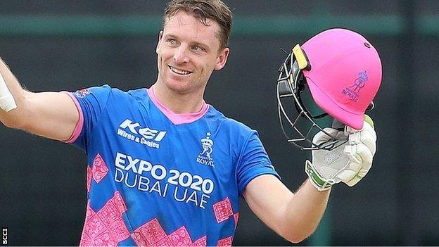 Jos Buttler celebrates reaching his fifty while playing for the Rajasthan Royals in the IPL