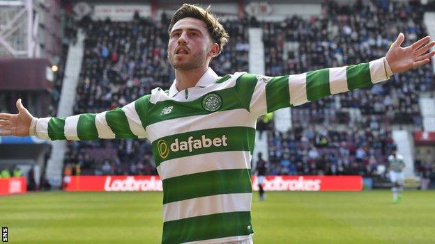 Patrick Roberts celebrates his goal against Hearts