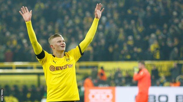 Erling Braut Haaland celebrates for Dortmund