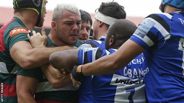 Ellis Genge of Leicester and Beno Obano of Bath face off