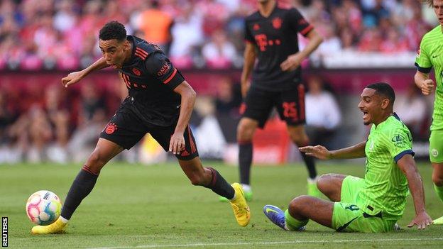 Bayern Munich's Jamal Musiala in action against Wolfsburg in the Bundesliga