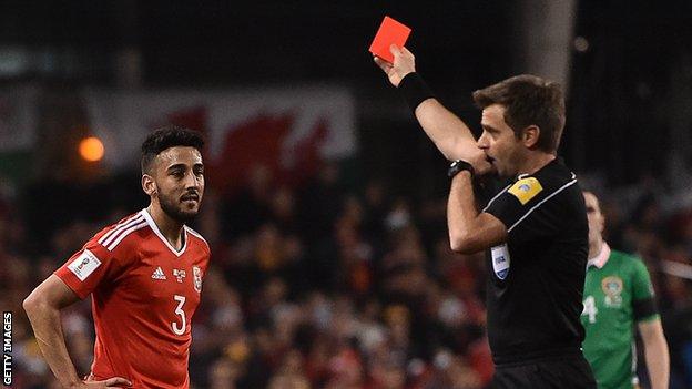 Neil Taylor is sent-off against the Republic of Ireland in 2017