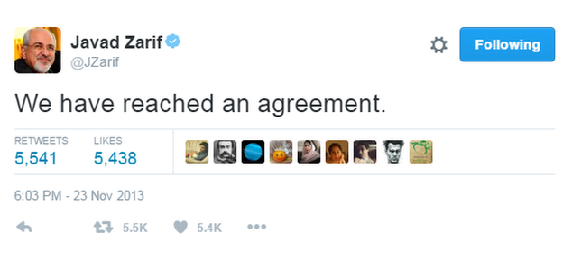 Mohammad Javad Zarif tweet saying: "We have reached an agreement."