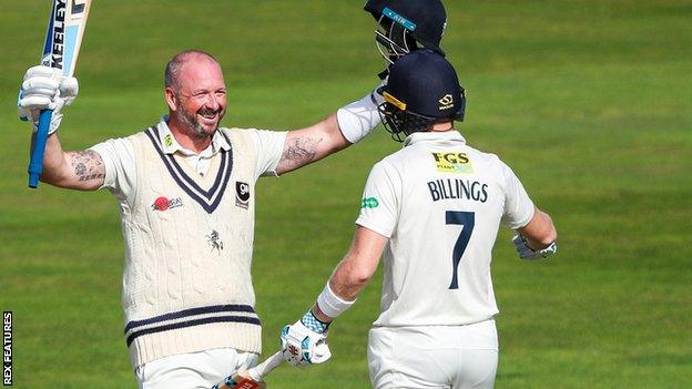 Darren Stevens celebrates bringing up his century for Kent