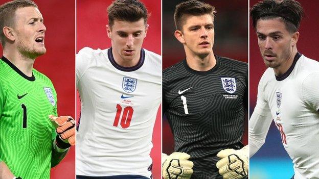 A split image of Jordan Pickford, Mason Mount, Nick Pope and Jack Grealish