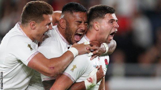 Ben Youngs celebrates with Manu Tuilagi and Henry Slade