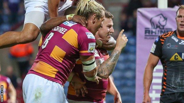 Jamie Ellis celebrates his try against his former club