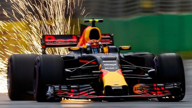 Sparks fly out of the car of Red Bull's Max Verstappen