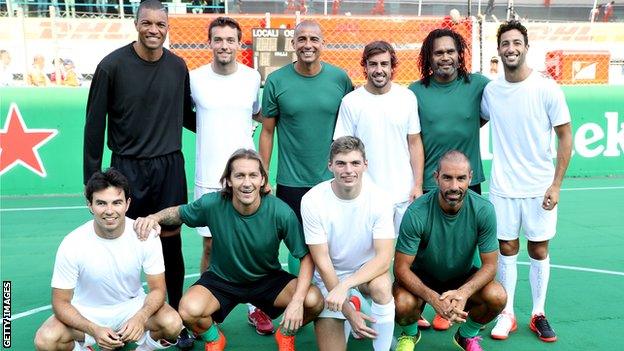 Dida, Jolyon Palmer, David Trezeguet, Fernando Alonso, Christian Karembeu, Daniel Ricciardo, Sergio Perez, Michel Salgado, Max Verstappen and Robert Pires before Heineken Champions of the Grid charity football match