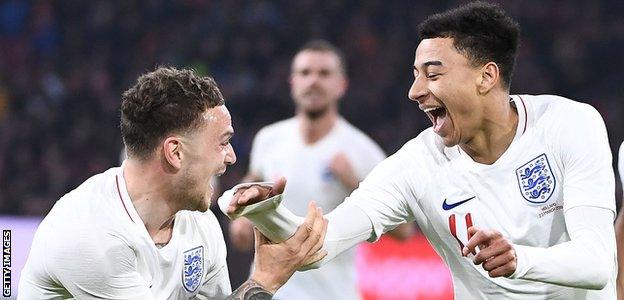 Jesse Lingard celebrates scoring for England against the Netherlands