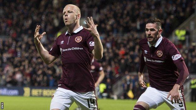 Hearts' Steven Naismith celebrates scoring a goal against Hibernian