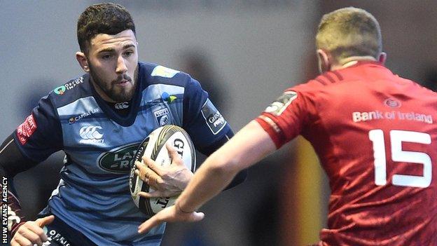 Aled Summerhill of Cardiff Blues takes on Munster's Stephen Fitzgerald