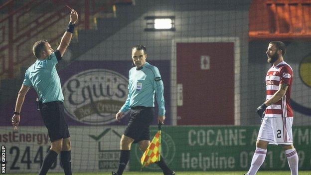 Hamilton Academical defender Ioannis Skondras (right) was sent off by referee Gavin Duncan