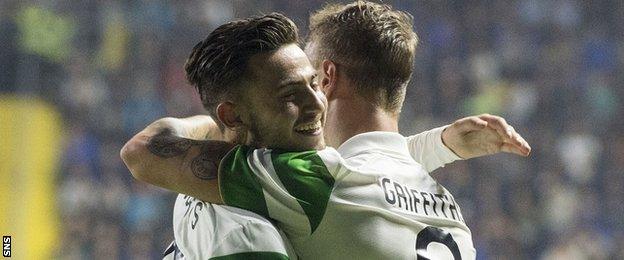 Celtic's Patrick Roberts and Leigh Griffiths embrace