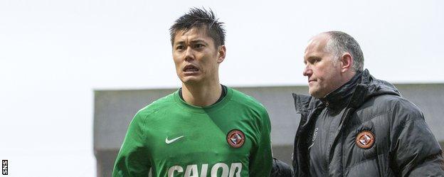 Dundee United goalkeeper Eiji Kawashima (left) looked disappointed at the final whistle