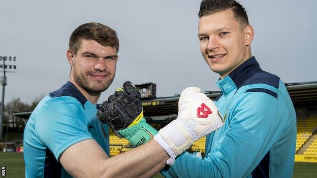 Ivan Konovalov, right, makes his Livingston debut on Saturday as first-choice goalkeeper Max Stryjek, left, serves a two-game retrospective ban