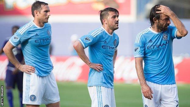 Frank Lampard (left), David Villa (centre) and Andrea Pirlo in action for New York City |FC