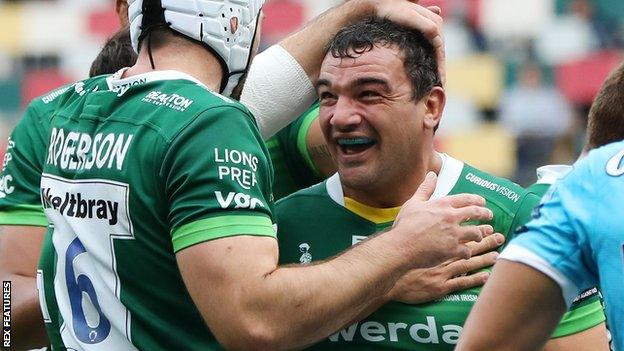 Agustin Creevy celebrates a try for London Irish against Gloucester