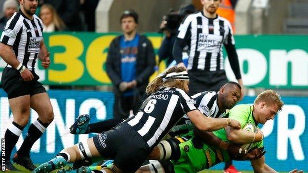 Northampton flanker David Ribbans had the honour of scoring the first try in a rugby union club game at St James' Park