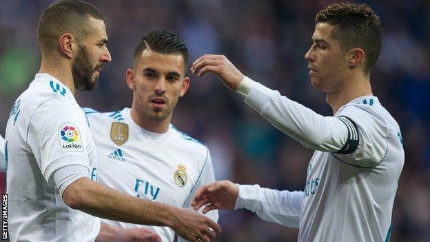 Karim Benzema and Cristiano Ronaldo of Real Madrid celebrate Benzema's goal