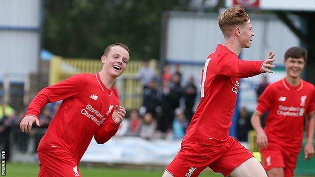 Glen McCauley celebrates after scoring Liverpool's goal against GPS FC Bayern